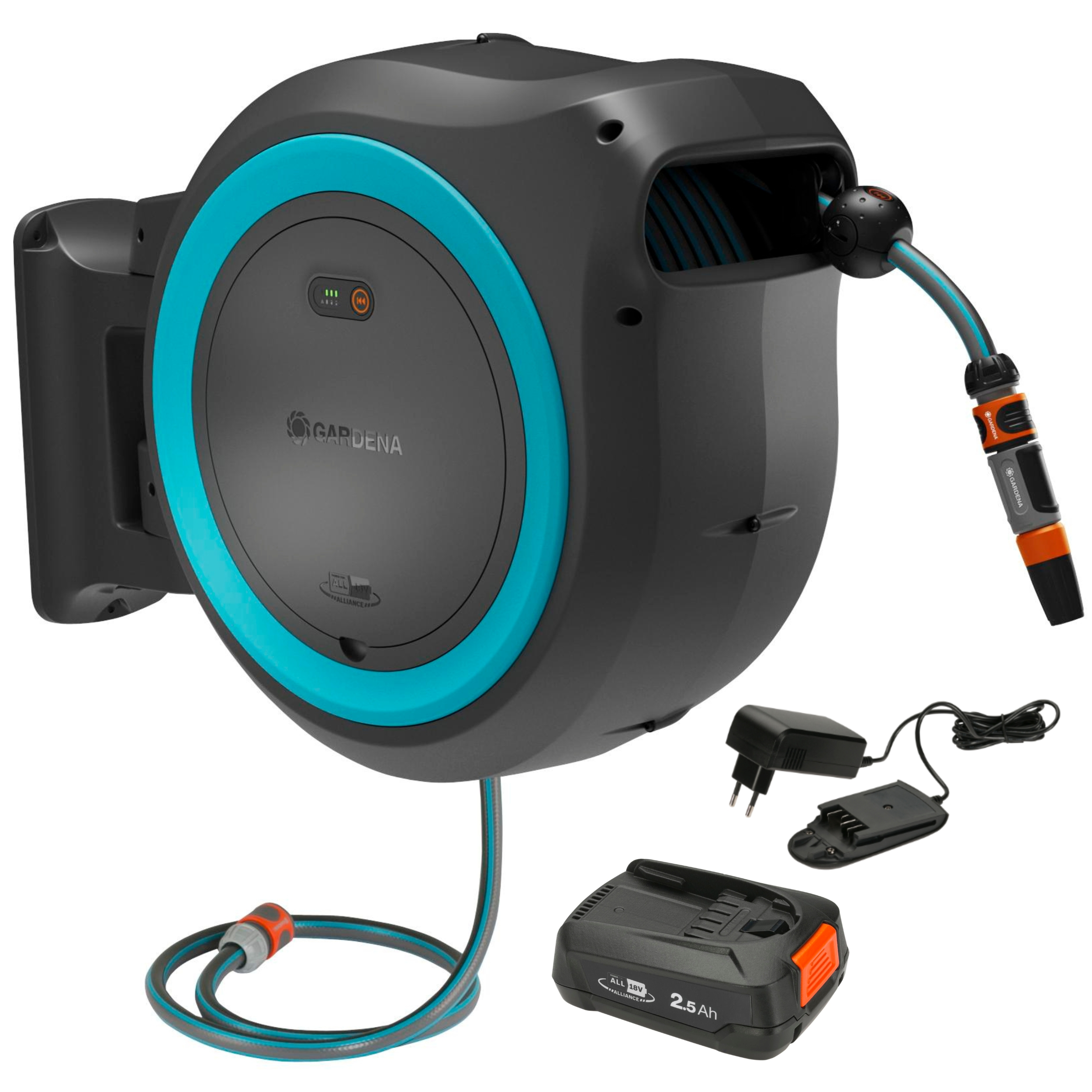 Akkumulátor-Powered Wall-Mounted Tömlő Box PowerRoll XL Készlet, 35 m tömlő, turquoise