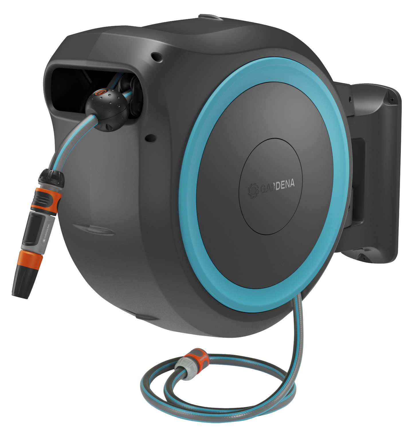 Battery-Powered Wall-Mounted Hose Box PowerRoll XXL solo, 40 m, turquoise