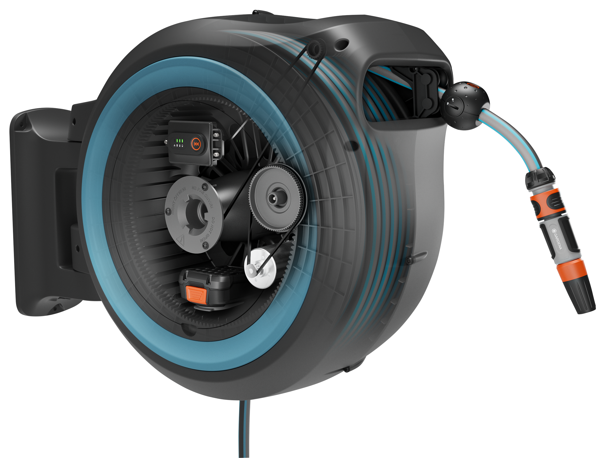 Battery-Powered Wall-Mounted Hose Box PowerRoll XL Set, 35 m hose, turquoise