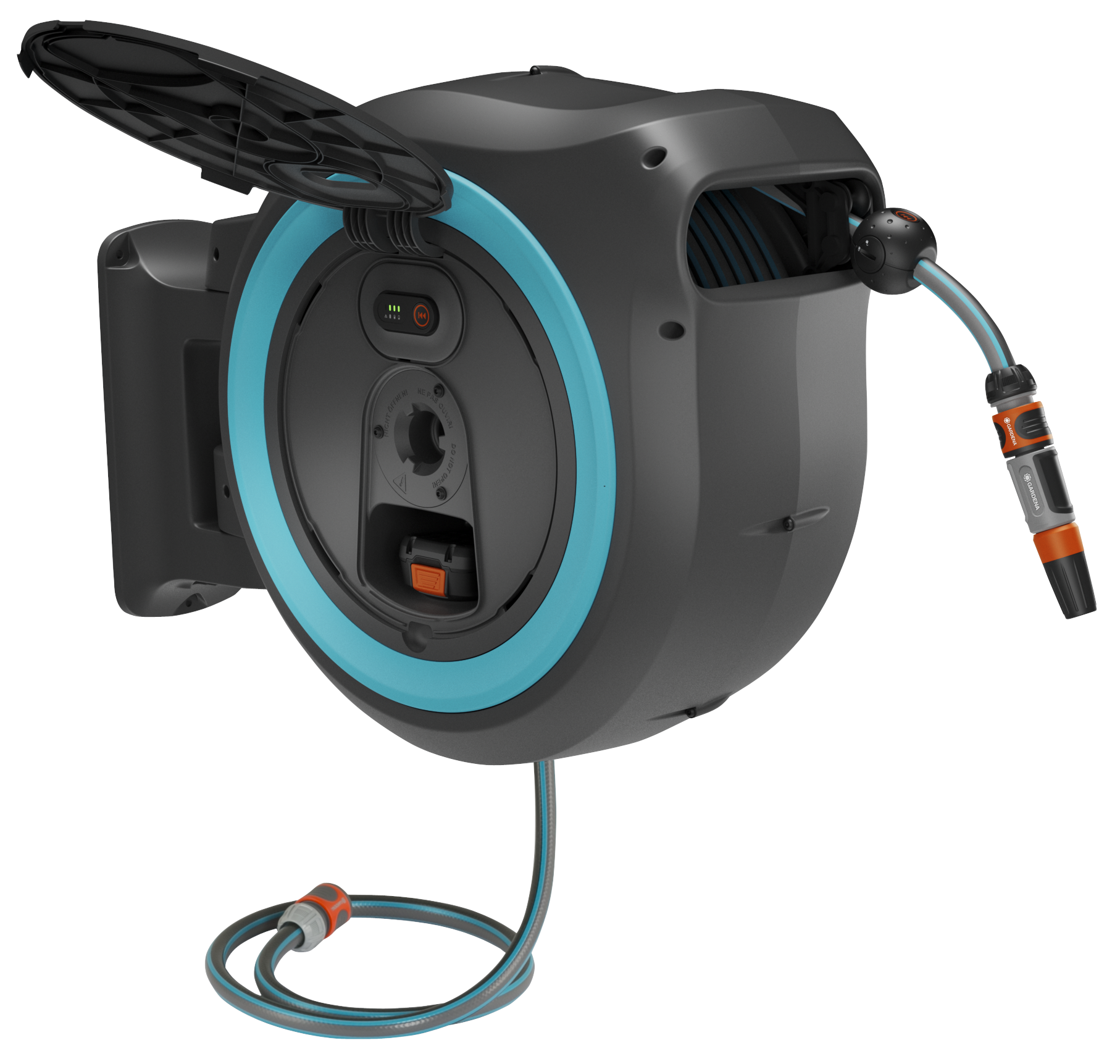 Battery-Powered Wall-Mounted Hose Box PowerRoll XL Set, 35 m hose, turquoise