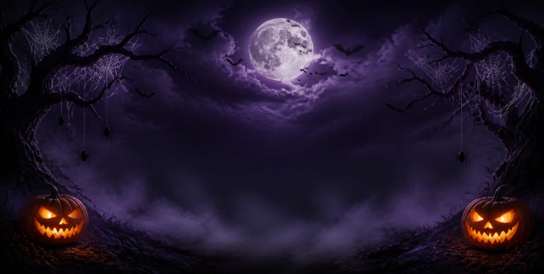 Halloween éjszaka: hold, denevérek, pókhálós fák és világító töklámpások